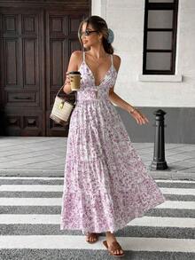 Vestido con dobladillo suelto de parches y corbata al cuello, estilo sencillo y casual para vacaciones para mujeres - Multicolor 4 - Ver 4