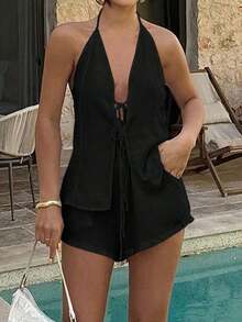 Conjunto de 2 piezas de top con escote en V y espalda descubierta con lazo, y shorts elásticos para mujer, adecuado para el hogar, la playa, citas, festivales de música, San Valentín y otras ocasiones, elegante en negro para el verano - Negro - Ver 8