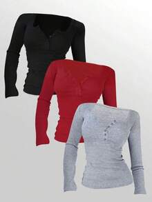 Camiseta de manga larga de unicolor informal para mujer, versátil y sencilla, para otoño - Multicolor 4 - Ver 7