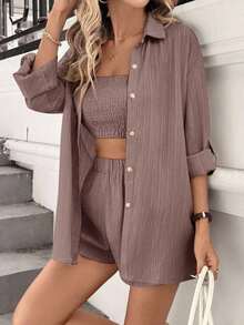 Conjunto de dos piezas de mujer en tela tejida color caqui: Top corto casual con cuello y pantalones cortos con mangas a la muñeca y detalles de bolsillo, para vacaciones - Camel - Ver 6