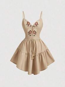 MOD Vestido de tirantes de verano con bordado floral y dobladillo con volantes para mujeres - Caqui - Ver 5