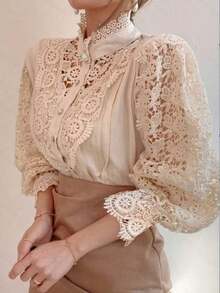 Blusa de primavera con cuello Mao de encaje floral y abotonadura hueca para mujer - Albaricoque - Ver 2