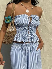 Set de 2 piezas para mujer con top bandeau fruncido con corbata y rayas y pantalones largos - Azul - Ver 4