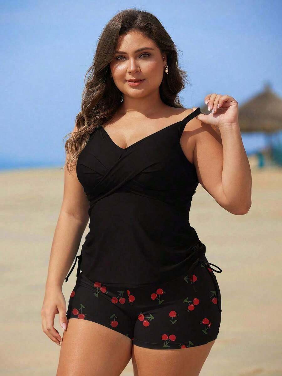 Swim Lushoire Traje de baño tipo tankini con estampado, estilo vacacional para tallas grandes - Negro 2 - Ver 1
