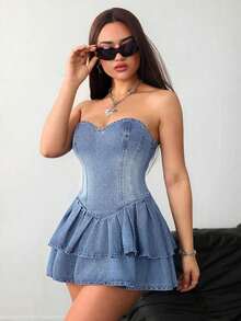 ICON Vestido de mezclilla azul sin tirantes estilo pastel, atuendo sexy para festivales de música, ropa de verano para mujeres, conjunto vaquero - Azul lavado medio - Ver 7