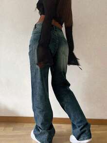 Jeans rectos holgados y apilados de estilo vintage para mujer, casuales para primavera - Azul marino 2 - Ver 4