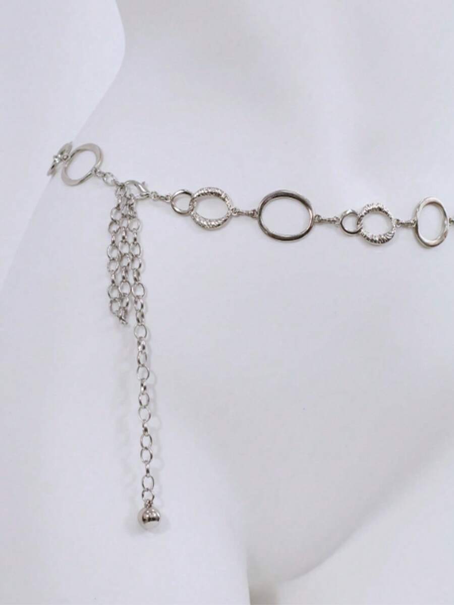 Metal Chain Decor Waist Belt, Minimalist Versatile Waist Chain Accessory For Dresses, Hollow Circle Design - Silver - View 1
