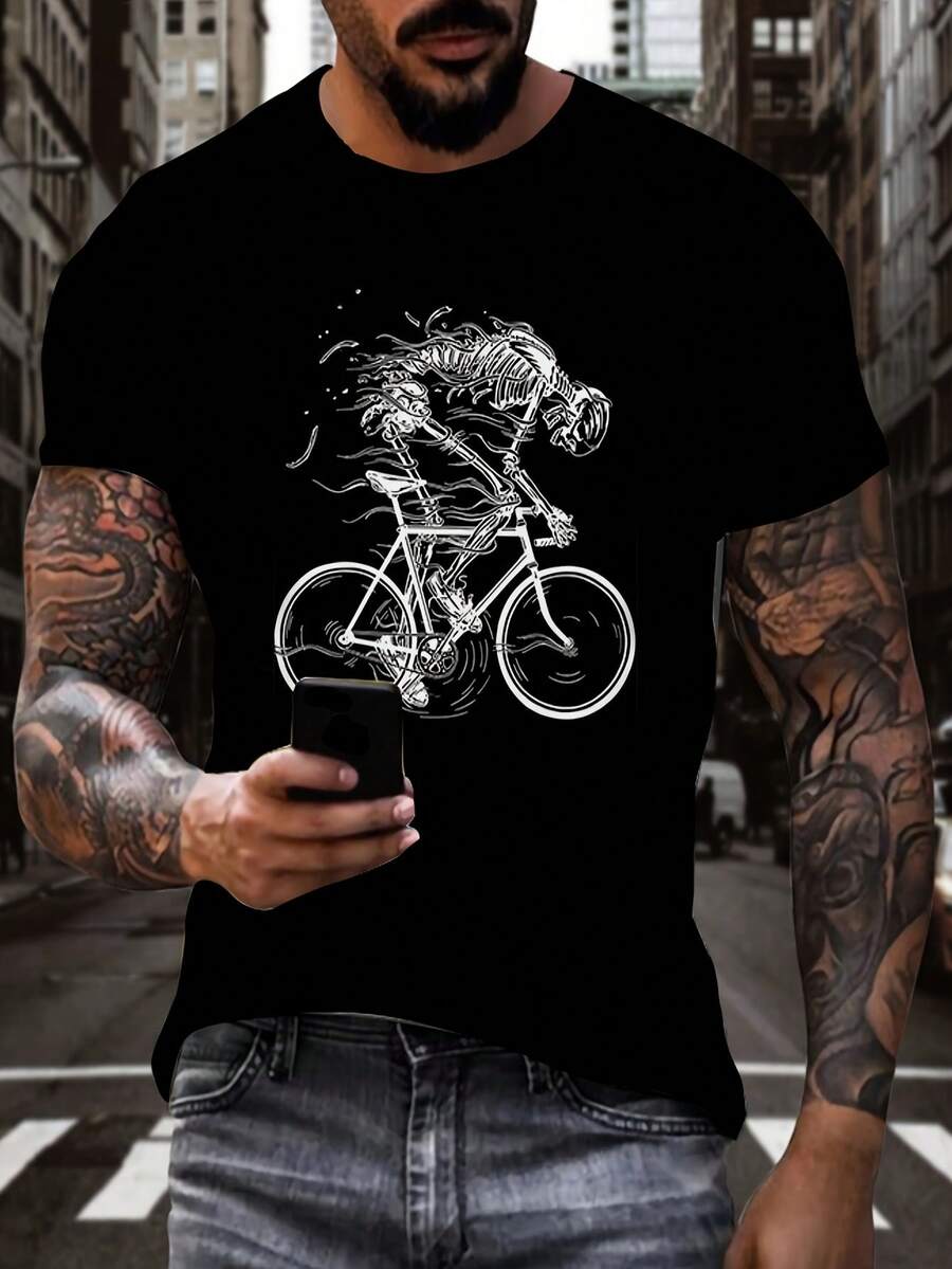 Skull Riding a Bicycle Vintage Pattern 3D Digital Print Men's T-Shirt, Casual Hip-Hop Streetwear Apparel - Negro - Ver 1