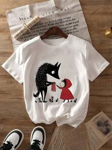 Short-Sleeved T-Shirt With Cartoon Print, White Summer - White - View 2