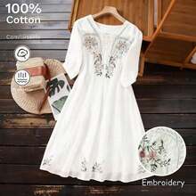 Vestido largo midi casual y elegante de verano para mujer, con estilo vintage bohemio, manga corta, cuello en V, bordados y botones, corte evasé en color blanco - Morado - Ver 10