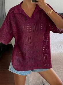 Women's Short-Sleeved Polo Shirt, Loose Fit, Textured And Openwork Fabric, For Summer - Bordeaux - View 4