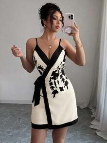 Vestido mini sexy y elegante con cuello en V estilo envolvente y estampado para mujeres - Multicolor - Ver 4