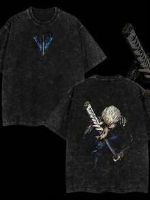 Men's T-Shirt With A Washed Effect And Double-Sided Retro Print, Perfect For Anime Lovers And Fans. This Graphic Tee, Made Of Thick Fabric, Features A Cool Comic Style And Is Designed With A Crew Neck For Urban Fashion. BQBD - 黑色 - 查看 12