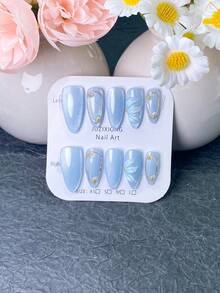 10pcs Handmade Acrylic Resin Embossed Nail Stickers, Short Nails, Summer Nails, Y2K Style French Manicure, Light Blue Almond Nails With Gold Frame And Bead Decor, 3D Light Blue Floral Decor. Elegant And Suitable For Women And Girls For Daily, Summer Outing And Casual Occasions. - Dusty Blue - View 3