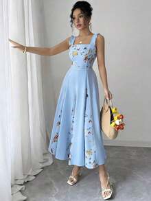 Vestido de línea A con estampado de patchwork en la cintura para mujer, elegante para vacaciones, ir al trabajo y uso diario, sin mangas - Camel - Ver 3