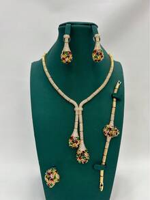 4pcs Rainbow Color Jewelry Set Suitable For Middle East Gala Parties, Popular Gold Necklace Set For Banquet, Daily Date, Formal Dress, Wedding Gown, Featuring Colorful Plated Chain, Teardrop Artificial Zirconia, Luxury Jewelry Set Including Necklace, Earrings, Ring, Bracelet, Sparkling Zirconia 5pcs Set, Necklace, Earrings, Ring, Bracelet, Suitable As Gift For Girlfriend, Mother, Teacher - four piece set - View 3