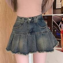 Women's Y2k High Waist Mini Skirts, Korean A-Line Denim Pleated Dress, Women's Fashion, Harajuku Blue Punk Denim Skirts, Summer - 藍色 - 查看 2