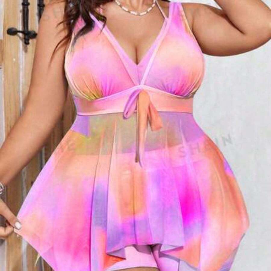 Swim Mod Conjunto de 2 piezas de talla grande para mujer, traje de baño Tankini adelgazante con cuello en V y estampado Tie-Dye - Rosa - Ver 1