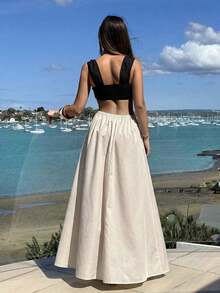 Falda larga elegante de estilo bohemio para mujer, color albaricoque, cuello ancho, diseño acampanado - Albaricoque - Ver 5