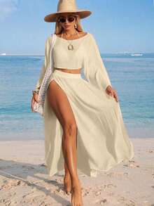 Swim Vcay Conjunto de dos piezas de cubrecuerpo casual de manga larga y abertura para la playa para mujer, color blanco - Albaricoque - Ver 7