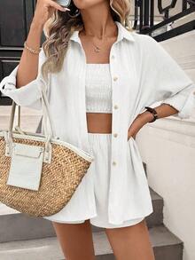 Conjunto de dos piezas de mujer en tela tejida color caqui: Top corto casual con cuello y pantalones cortos con mangas a la muñeca y detalles de bolsillo, para vacaciones - Blanco - Ver 3