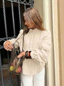 de mujer de unicolor con cuello alto, botones delanteros, bordado hueco y manga larga - Albaricoque - Ver 3