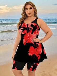 Swim Lushoire Conjunto de tankini de mujer talla grande con estampado de teñido anudado azul y blanco para playa y vacaciones - Rojo - Ver 3