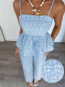 Conjunto de 2 piezas de top de tirantes y pantalones de estilo jacquard elegante para mujer, para verano - Celeste - Ver 6