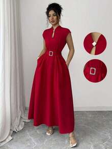 Vestido midi elegante y casual para mujer con diseño inspirado en la Sicilia francesa romántica, adecuado para ir al trabajo, vacaciones, té de la tarde, fiesta de San Valentín, con escote de corazón, cinturón de lazo en la cintura, bajo acampanado y bolsillos, primavera/verano - Azul marino - Ver 7