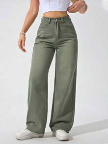 Jeans de mezclilla casuales de unicolor para mujer - Verde militar - Ver 7