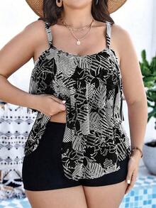 Conjunto de Tankini de talla grande con estampado de plantas para playa de verano de vacaciones - Negro - Ver 6