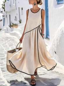 Holidaya Vestido casual de vacaciones con borde de color contrastante, bolsillo asimétrico, vestido largo casual, vestido de primavera/verano para mujer - Albaricoque - Ver 12