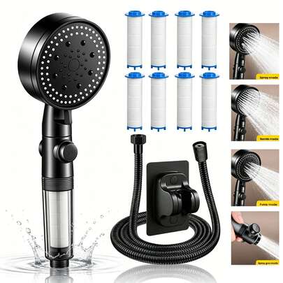 5-Setting High Pressure Shower Head Set With Water-Saving Switch, Hard Water Filter Handheld Sprayer, Includes 8 Filters, Hose And Bracket, Suitable For Bathroom, RV, Pet Grooming And Salon