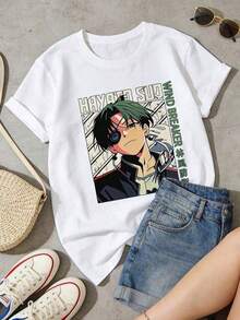 Fashion Printed T‑Shirts for Women, Oversized Streetwear Tops, Comfortable and Stylish All‑Match Summer TeesCamiseta de manga corta de cuello redondo suave y casual de verano para mujer, con estampado vintage de personaje de anime Hayato Sudo Wind Breaker con texto en kanji. - Blanco - Ver 2