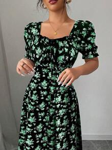 Vestido mini con escote cuadrado, estampado floral elegante, con volantes en los puños y el bajo, adecuado para primavera/verano/otoño - Multicolor 2 - Ver 7