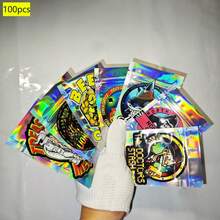 100个3D激光全息防异味铝箔袋，带自封拉链 – 7*9厘米可重复密封1克食品储存袋，适用于糖果、甜点、软糖、巧克力 | 混合彩色图案，防异味袋，可重复使用塑料包装袋 - 彩色 - 查看 9