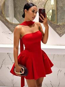 Vestido corto de fiesta, cumpleaños, cóctel, San Valentín, Halloween, Navidad, boda, uso diario con estilo francés, sin tirantes, corte princesa A-line, mini - Vestido rojo corto de club, vestido rojo, vestido rojo mini, vestido sin tirantes, ves - Rojo cereza - Ver 1