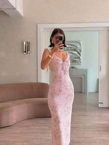 Vestido tirantes vintage estampado escote bajo estilo vacaciones ajustado elegante verano moda europea para mujer - Rosa - Ver 5