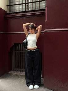 Jeans negros de corte ajustado, estilo casual y sencillo para mujer, tallas grandes, primavera/verano. - Negro - Ver 2