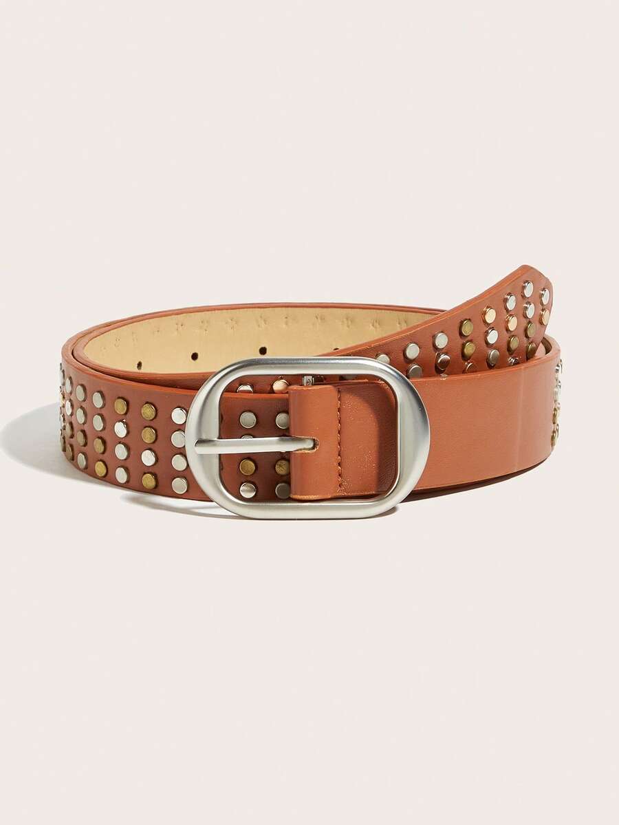 1pc Women's Silver Buckle Rivet PU Leather Belt, Classic Fashion Accessory Suitable For Pants, Dresses, Casual, Party, Events - Brown - View 1