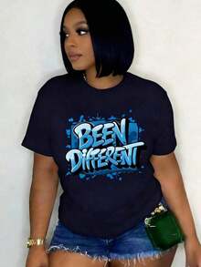 Women's Oversized Graphic Print Short Sleeve T-Shirt, Blue Graffiti Inspired Design, Fashionable Women's Clothing, Retro Y2K Style, Ideal For Campus Lovers, Commuting, Music Festivals, Brunch Dates, Versatile Printed Tee, Versatile Basic Short Sleeve Tee, Versatile Basic Short Sleeve Tee, Versatile Basic Short Sleeve Tee, Versatile Basic Short Sleeve Tee. - 藏蓝色 - 查看 12