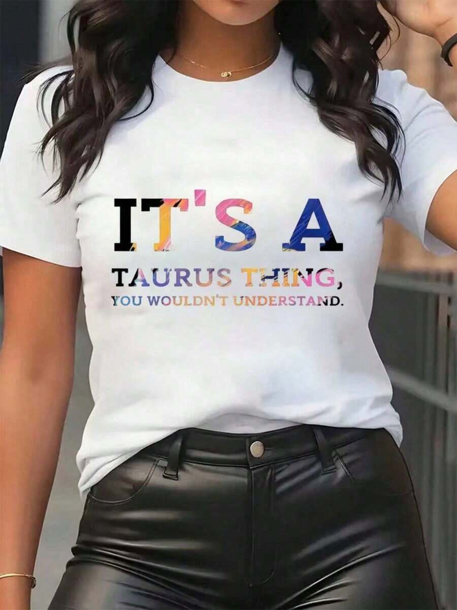 Women's T-Shirt With 'It's A Taurus Thing, You Wouldn't Understand' Print, Round Neck, Casual Daily Wear, Soft And Comfortable, Zodiac Sign Festival T-Shirt, Cotton T-Shirt - 白色 - 查看 1