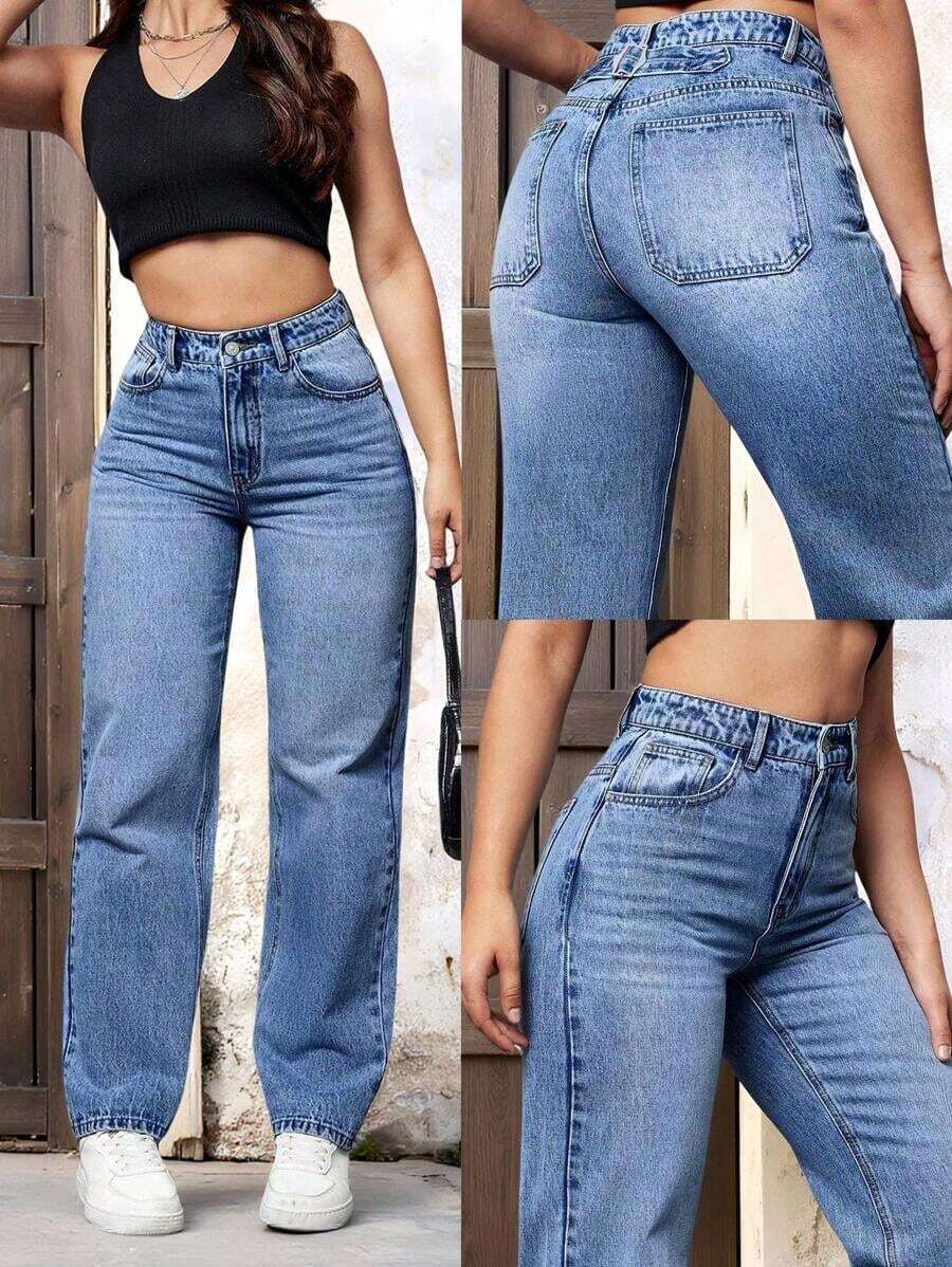 Jeans de pierna recta - Azul lavado medio 2 - Ver 1