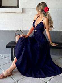 Vestido con dobladillo suelto de parches y corbata al cuello, estilo sencillo y casual para vacaciones para mujeres - Azul marino - Ver 8