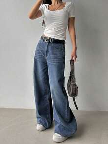 Jeans casuales de mujer de pierna ancha, unicolor, con bolsillo cargo suelto - Azul lavado medio - Ver 3