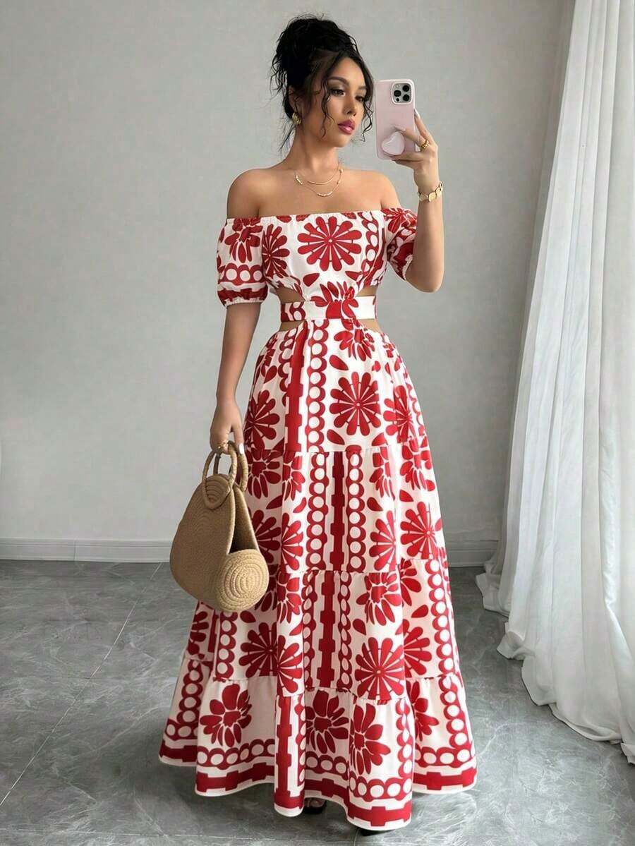 YHHRafferiza Vestido casual de vacaciones con hombros descubiertos y lazo en la espaldaYHH - Rojo 3 - Ver 1