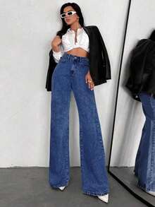 Pantalones vaqueros de mujer de cintura alta y pierna ancha, ajuste delgado, pantalones casuales de mezclilla para mujeres - Azul lavado oscuro - Ver 4