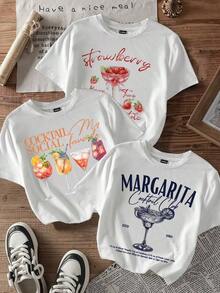 Set de 3 camisetas cortas de mujer de manga corta con cuello redondo, estampado de vaso de cóctel y estilo minimalista casual - Blanco - Ver 2