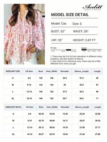 Acelitt Blusa de cuello en V con mangas de pétalo, cintura alta, estampado floral rosa y flecos, ideal para vacaciones y primavera - Rosa - Ver 2