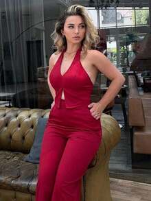 Conjunto de camiseta sin espalda de escote profundo y pantalón de pierna ancha para oficina, uso diario y salir, primavera-verano - Rojo - Ver 6